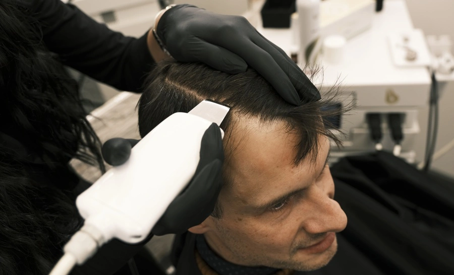 Muž podstupuje čistenie vlasovej pokožky vo Vlasovej klinike